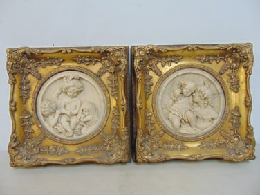 Pair carved marble plaques, neo classical scenes with putti,, late 19th Century, in gilt frames, 11