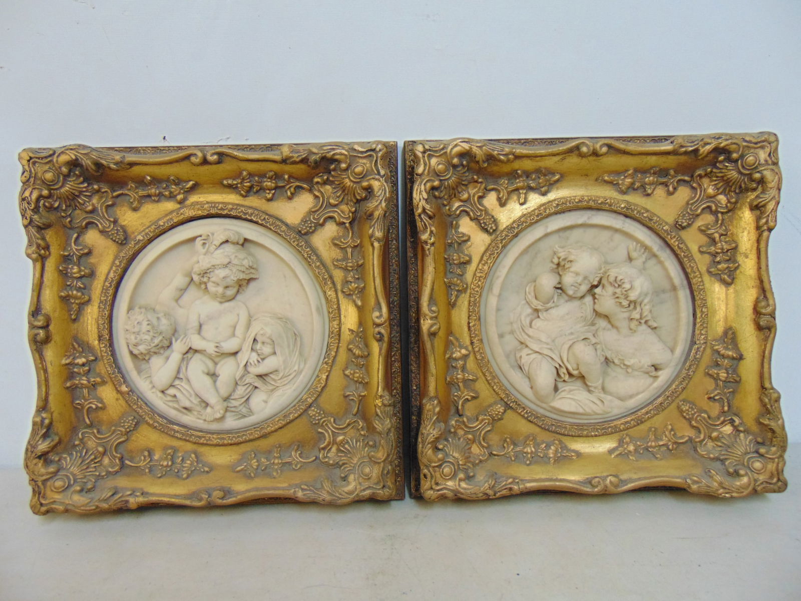 Pair carved marble plaques, neo classical scenes with putti,, late 19th Century, in gilt frames, 11 (1 of 8)