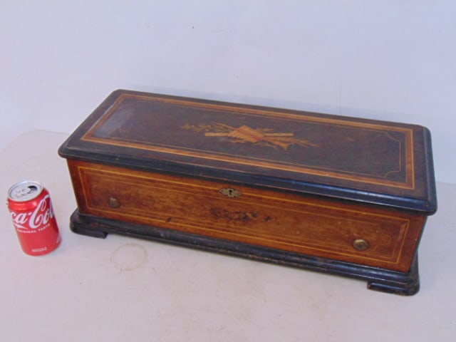 Iswiss inlaid music box, 8 tunes, "Sublime Harmonie", comb is good, case is 23.5" by 9.5", height is (1 of 7)