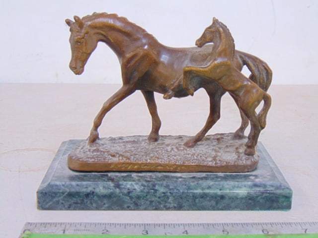Bronze horses on marble base, horse & foal, base is 7" by 4.5", height is 5.25", signed illegibly (1 of 4)