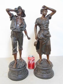 Pair bronze statues, gleaners, boy with sickle drinking from gourd & woman wiping forehead, signed