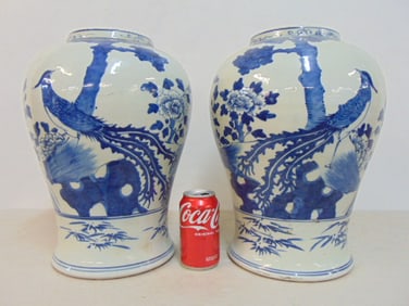 Pair large blue & white porcelain jars, no lids, jars are 15" tall, diameter is 11"