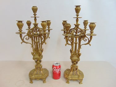 Pair brass candelabra, 5 arms each, height is 20.5", 8" wide, 8" deep.