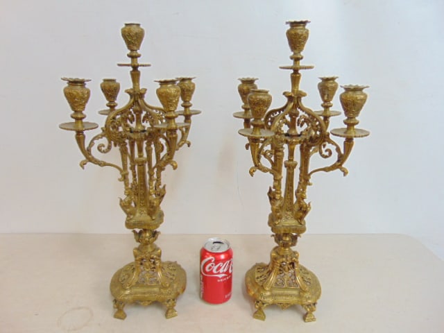 Pair brass candelabra, 5 arms each, height is 20.5", 8" wide, 8" deep. (1 of 5)
