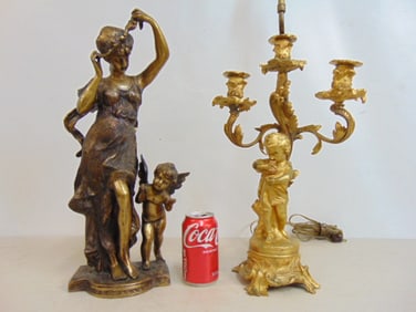 Bronze candelabra & bronze figure, bronze candelabra with putti base, has 3 candle cups, total