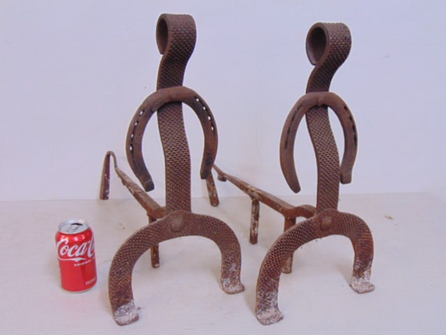 Pair folk art figural andirons with horse shoe decoration, 19" tall, 18" deep, 10" wide. (1 of 4)