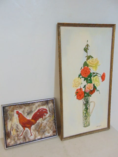 2 paintings, Rooster & floral still-life, signed Hansegger, rooster is 15.25" by 19.25", still-life (1 of 5)