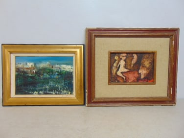 2 paintings, abstract & figures, oil on canvas, abstract, signed R. Ginsti (?), 12.25" by 16.25" &
