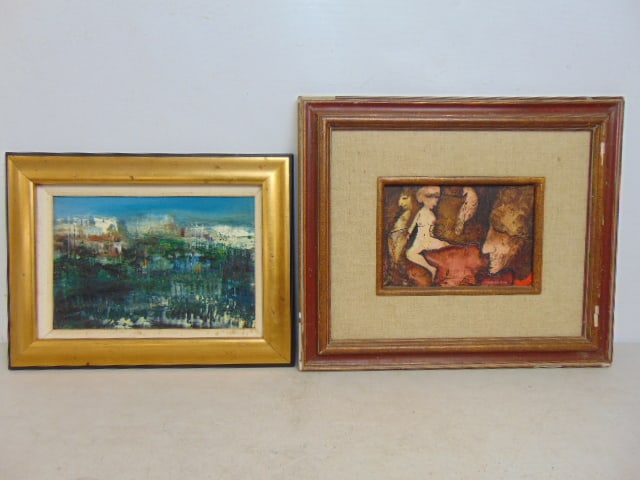 2 paintings, abstract & figures, oil on canvas, abstract, signed R. Ginsti (?), 12.25" by 16.25" & (1 of 7)