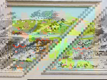 Painting, village scene with figures, US flags, signed Spencer, various figures in parade, "Let
