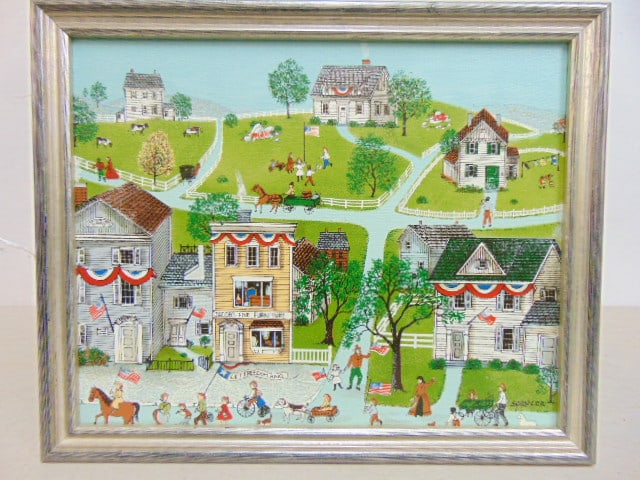 Painting, village scene with figures, US flags, signed Spencer, various figures in parade, "Let (1 of 5)