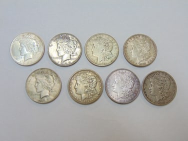 8 silver dollars, 3 peace dollars, 5 Morgan dollars, various years, condition.