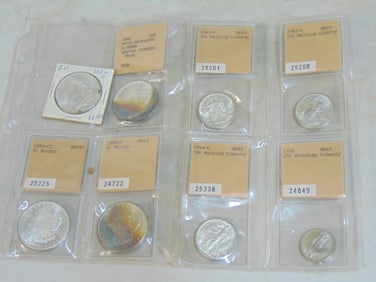 Lot silver coins, 3 walking liberty 50 cent, one standing Liberty 50 cent & 4 silver Morgan dollars