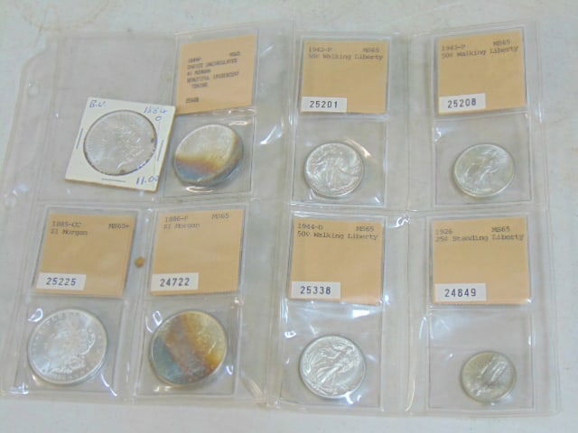 Lot silver coins, 3 walking liberty 50 cent, one standing Liberty 50 cent & 4 silver Morgan dollars (1 of 5)