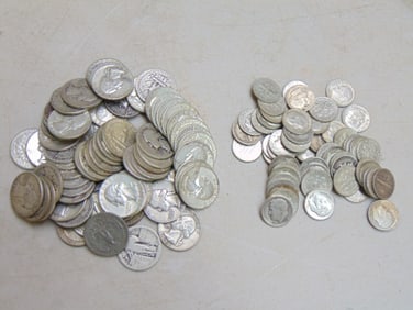 Lot of silver quarters & dimes, includes $16 face value quarters & $5.60 face value dimes