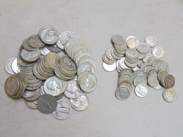 Lot of silver quarters & dimes, includes $16 face value quarters & $5.60 face value dimes (1 of 6)