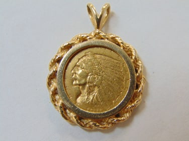 $2.5 dollar gold Indian head, 1910, with 14k bezel, 8.34 grams