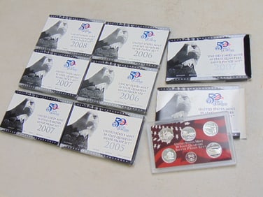 8 sets of United States Mint 50 State Quarter silver proof sets, 40 US Mint quarters, 90% silver