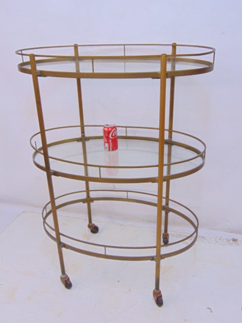 Brass oval three tiered cart or shelf, takes three glass shelves, one is missing, cart is 30.5" (1 of 4)