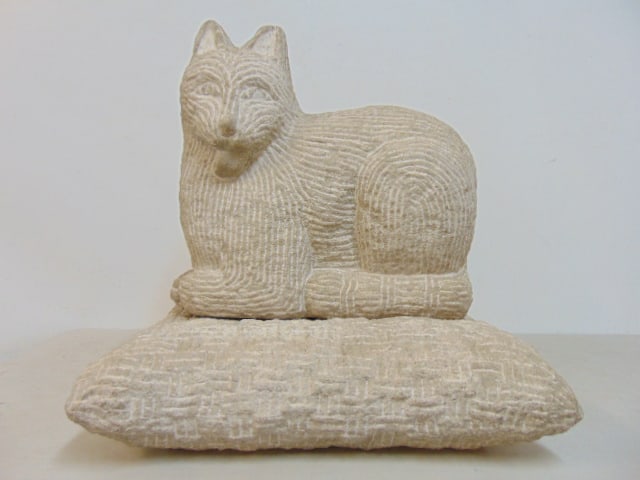 Carved stone cat on pillow, signed Chris Berti '87, 18.75" by 15.25", height is 18", 2 pieces (1 of 7)