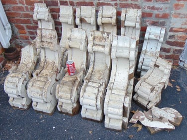 Lot 12 painted wood 19th Century corbels, 10 large and two small, large ones are 24" by 15", by