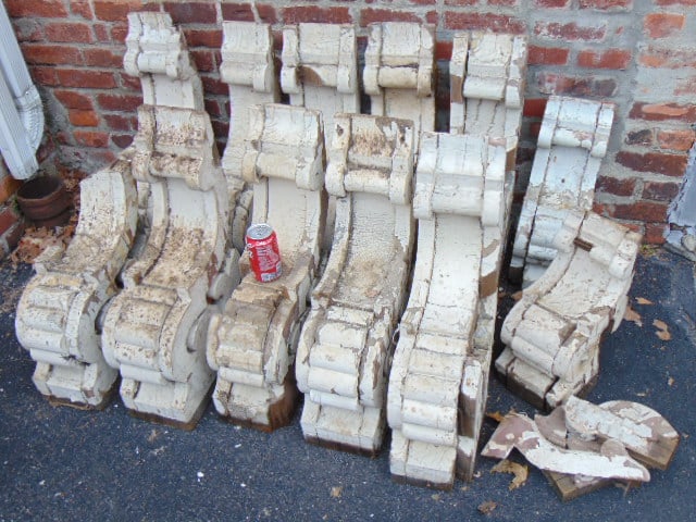 Lot 12 painted wood 19th Century corbels, 10 large and two small, large ones are 24" by 15", by (1 of 4)
