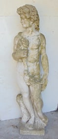 Large cement garden statue, neo-classical style man with grapes, height is 63", base is 16" by 14"