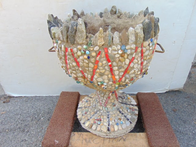 Cement garden urn decorated with various stones and glass marbles, urn is 26.5" tall: Cement garden urn decorated with various stones and glass marbles, urn is 26.5" tall
