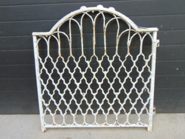 Gothic style Victorian garden gate, old white paint, gate is 36" wide 38" tall.