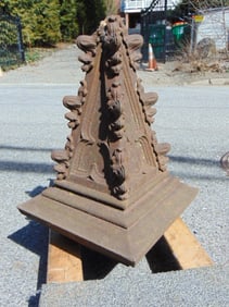 Gothic cast iron roof or gate finial, 25" tall, base is 16.5" by 16.5", top broken, missing