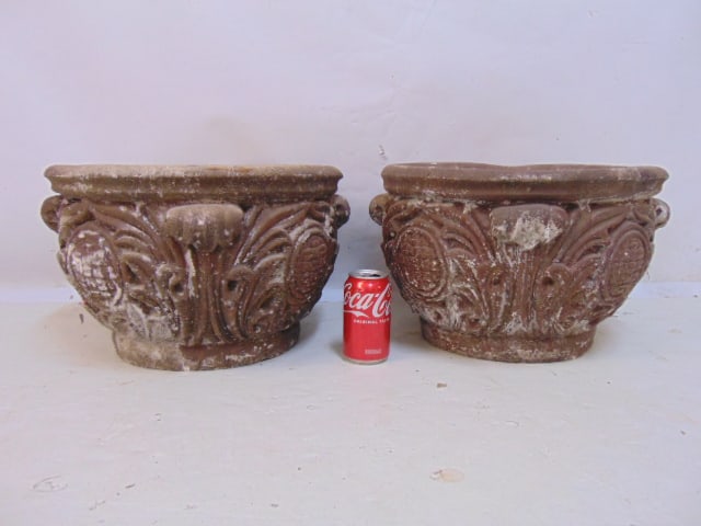 Pair cement garden planters, exterior in old faded brown paint, with decoration, both have small (1 of 5)