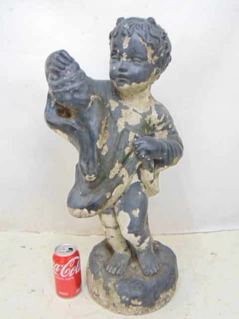 Cement garden fountain statue, putti, old paint, statue is 25" tall, 11" wide, 9" deep.: Cement garden fountain statue, putti, old paint, statue is 25" tall, 11" wide, 9" deep.