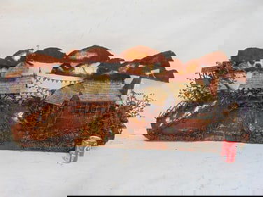 Metal wall sculpture, various houses under clouds, Curtis Jere style, rusted, 53" wide, 22.5" tall