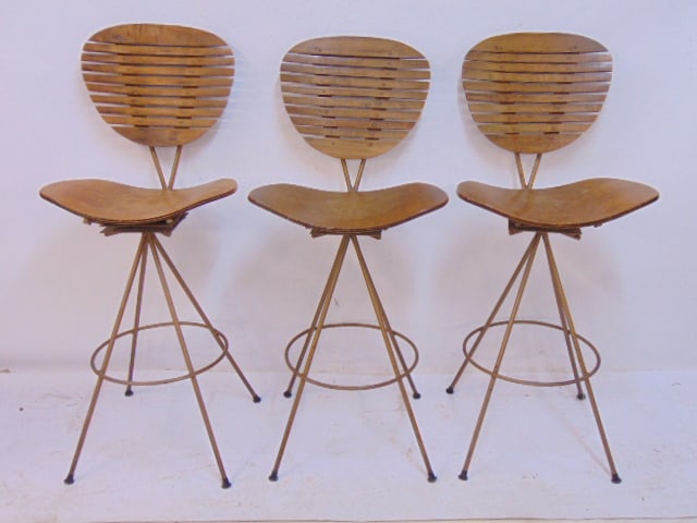 3 mid Century swivel bar stools, Arthur Umanoff style with molded seats, slatted back support on (1 of 5)