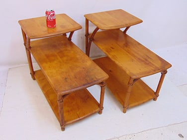 Pair Heywood Wakefield step back side tables, 28.75" by 14", height is 22.5"