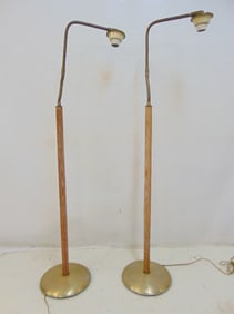 Pair mid Century floor lamps, Russel Wright manner, aluminum base, bleached oak wood columns with