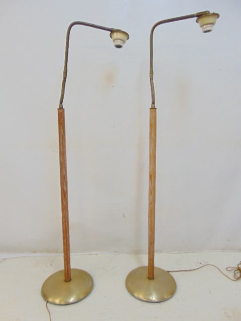 Pair mid Century floor lamps, Russel Wright manner, aluminum base, bleached oak wood columns with (1 of 7)