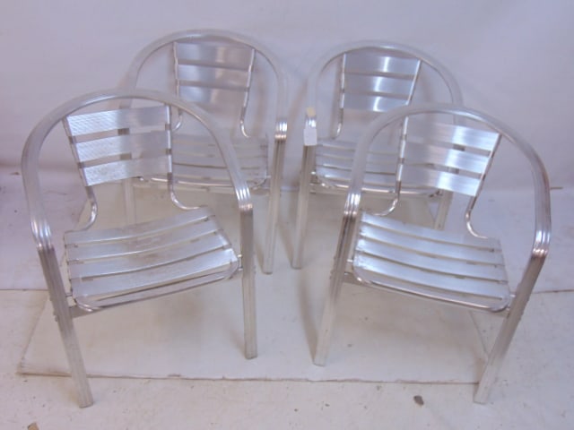 Set of 4 stackable aluminum arm chairs, no marks, 22" wide, 16" deep (seat), height is 28.5" (1 of 5)