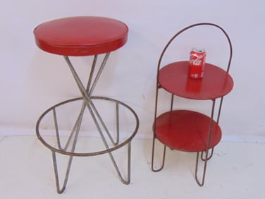 Mid Century stool & 2 tier folding metal stand, stool is 28" tall, diameter is 18.25", stand is 29'