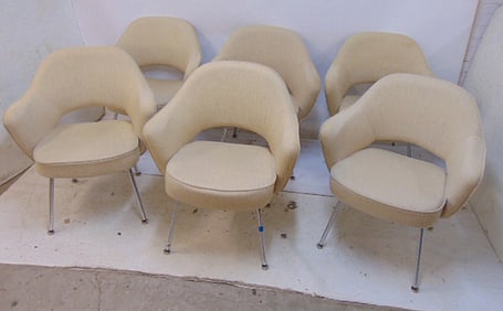 Set 6 Knoll upholstered chairs with chrome legs, cream colored upholstery, 27" wide, 20" deep,