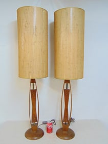 Pair mid Century teak lamps with enameled copper applied panels & original shades, total height is