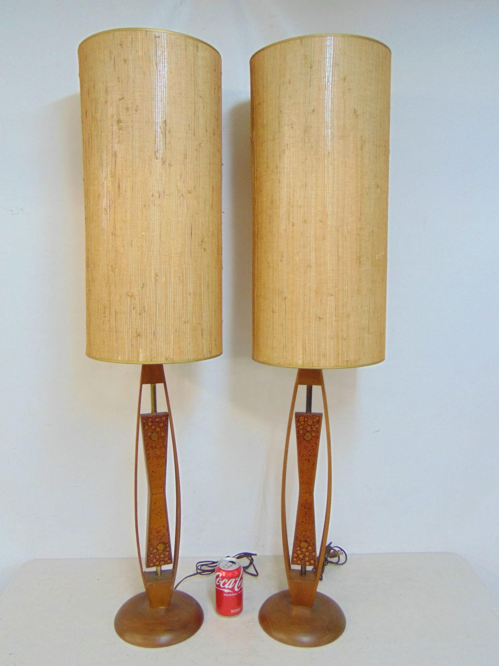 Pair mid Century teak lamps with enameled copper applied panels & original shades, total height is (1 of 7)