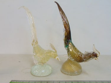 Pair Murano art glass roosters, one clear with gold specks, other has blue tinted tail & gold body,