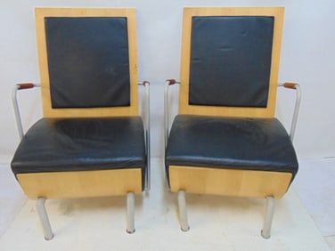 Pair contemporary Swedish chairs, "Halsningar", vinyl, molded plywood on tubular frames, chairs are