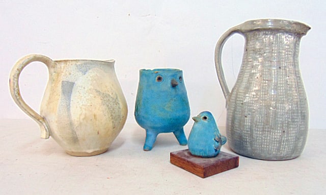 Pottery lot, 2 pitchers, bird figure & bird vase, bird vase is chipped, signed illegibly, height is (1 of 7)