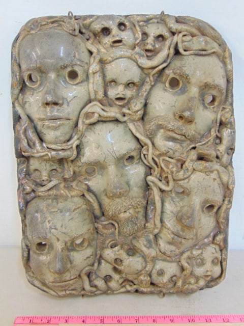 Studio pottery sculpture, collage with faces, grey glaze, sculpture is 16.5" by 12.75" (1 of 5)