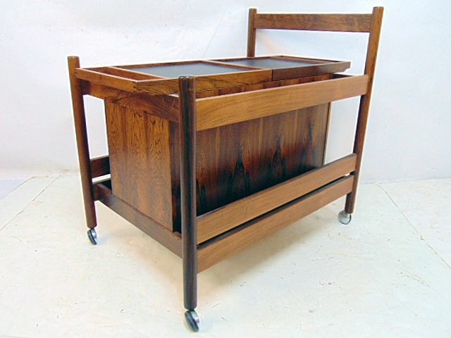 Mid Century modern rosewood tea cart, no make, bar cart is 35" long (including sliding top trays), (1 of 5)