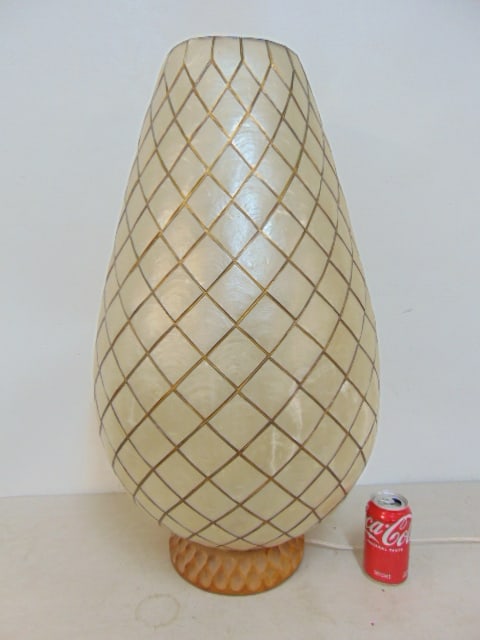 Large table lamp with shell inserts in diamond pattern, lamp is 30" tall, diameter is 17" (1 of 4)
