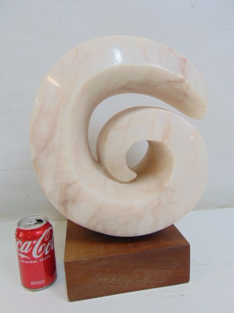 Pink marble spiral form carving on wood base by Arthur Saltzman, sculpture is 17" tall (including (1 of 5)