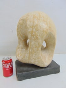 Marble sculpture by Arthur Saltzman, yellow / beige marble on grey stone base, sculpture is 16.5"